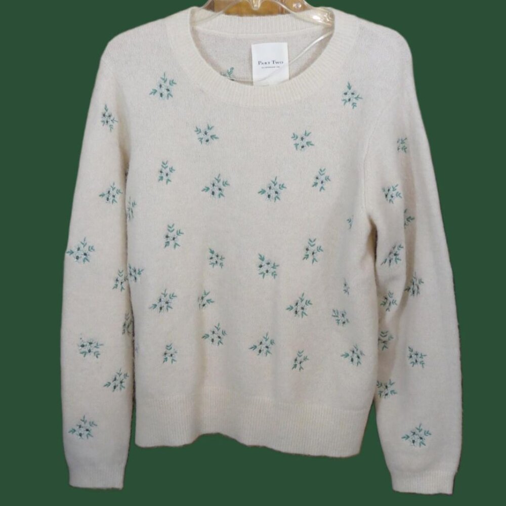 Part Two Copenhagen Cream Pullover Sweater Embroidered Crew Neck Large